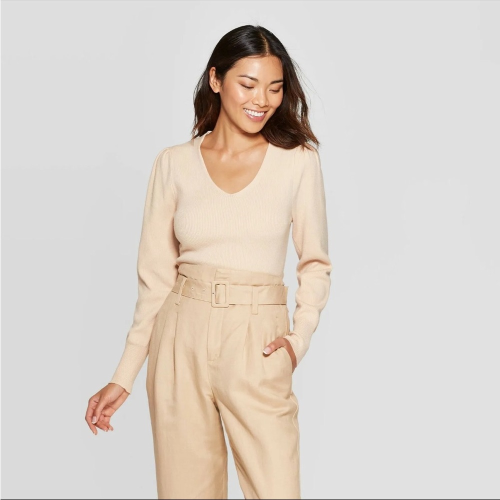 A New Day Sweaters | Blush Cream Sweater V-neck balloon sleeve
